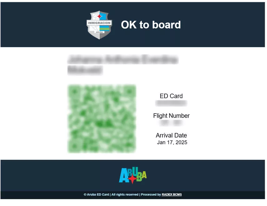 Sample approved Aruba ED Card with OK to board status and QR code